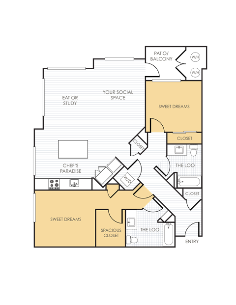 Floor plan for 2 beds, 2 baths, 1317 sqft